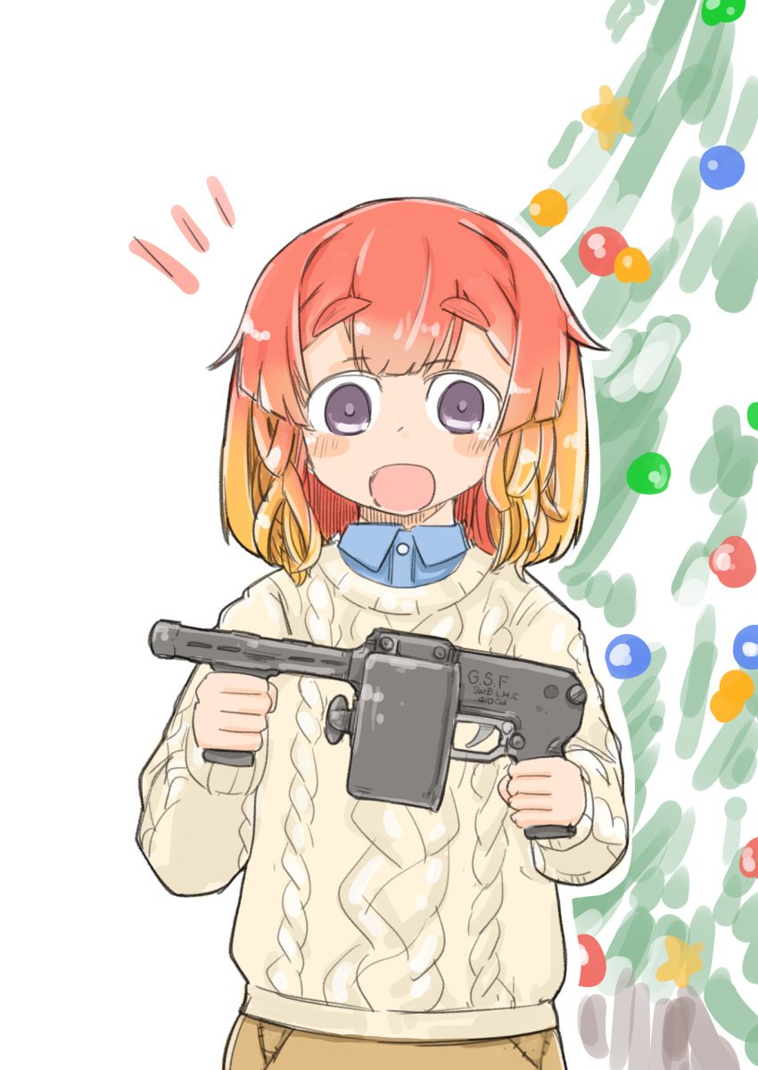 1girl blonde_hair bob_cut cable_knit casual christmas_tree commentary_request enjaku_izuku etorofu_(kantai_collection) gradient_hair gun highres kantai_collection long_hair long_sleeves medium_hair multicolored_hair open_mouth redhead solo submachine_gun sweater thick_eyebrows weapon white_background