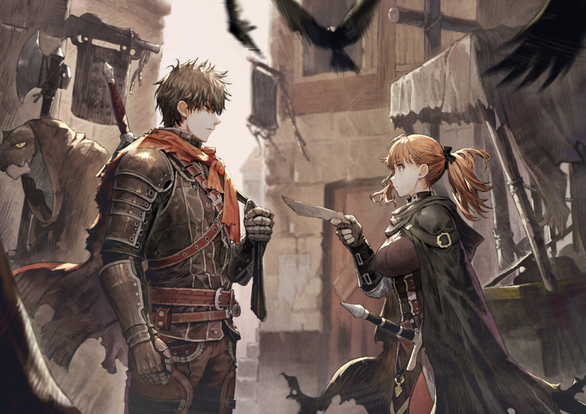 1girl 2boys animal armor axe belt belt_buckle bird black_cloak brown_cloak brown_gloves buckle city cloak closed_mouth fingerless_gloves flying gauntlets gloves highres holding holding_axe holding_paper holding_weapon hood hood_down hood_up jun_(seojh1029) lizardman long_hair looking_at_another multiple_boys orange_eyes orange_hair outdoors over_shoulder paper pauldrons ponytail red_eyes scabbard sheath sheathed sign stairs standing sword torn_cloak torn_clothes vambraces weapon weapon_on_back