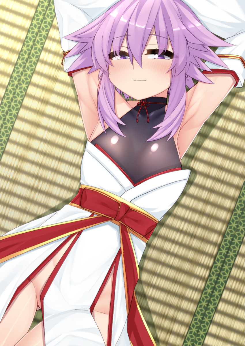 1girl arms_behind_head blush braid breasts detached_sleeves dura eyebrows_visible_through_hair hair_between_eyes highres japanese_clothes long_hair lying neptune_(neptune_series) neptune_(series) on_back purple_hair short_hair_with_long_locks small_breasts smile solo very_long_hair violet_eyes