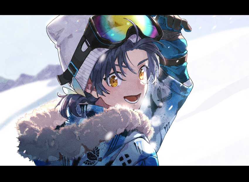 1boy :d adjusting_eyewear bangs beanie black_gloves blue_gloves blue_hair breath fur_trim gloves goggles goggles_on_head gyuunyuu_(mashika) hair_ornament hand_up hat highres hood hood_down letterboxed long_sleeves looking_at_viewer male_focus open_mouth ponytail portrait smile snow snowing solo taikogane_sadamune touken_ranbu white_headwear winter_clothes yellow_eyes