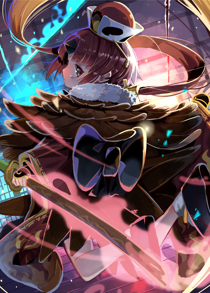 1girl absurdres bangs benienma_(fate/grand_order) bird_hat blush brown_headwear brown_kimono closed_mouth fate/grand_order fate_(series) feather_trim highres huge_filesize japanese_clothes katana kimono long_hair long_sleeves looking_at_viewer looking_back low_ponytail parted_bangs rahanachi red_eyes redhead socks solo sword thighs very_long_hair weapon wide_sleeves