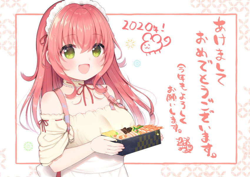 1girl 2020 aizawa85 animal_print apron backpack bag bangs bare_shoulders blush breasts collarbone commentary_request eyebrows_visible_through_hair fish food green_eyes highres holding holding_food large_breasts long_hair maid maid_headdress open_mouth original pink_hair red_ribbon ribbon short_sleeves smile solo translation_request white_apron white_backpack