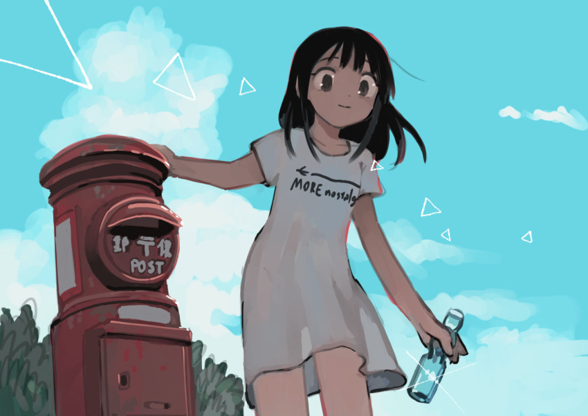1girl black_hair blue_sky brown_eyes bush closed_mouth clouds commentary_request cowboy_shot dress english_text medium_hair original plant postbox_(outgoing_mail) short_sleeves sky smile soda_bottle solo tadano_(toriaezu_na_page) triangle very_wide_shot white_dress