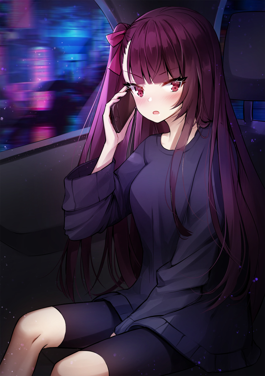 1girl ankkoyom arm_up bangs bike_shorts black_sweater blunt_bangs blush car eyebrows_visible_through_hair girls_frontline ground_vehicle hair_ribbon half_updo highres holding long_hair looking_at_viewer motor_vehicle one_side_up open_mouth phone purple_hair red_eyes red_ribbon ribbon sweater tsundere wa2000_(girls_frontline) wide_sleeves