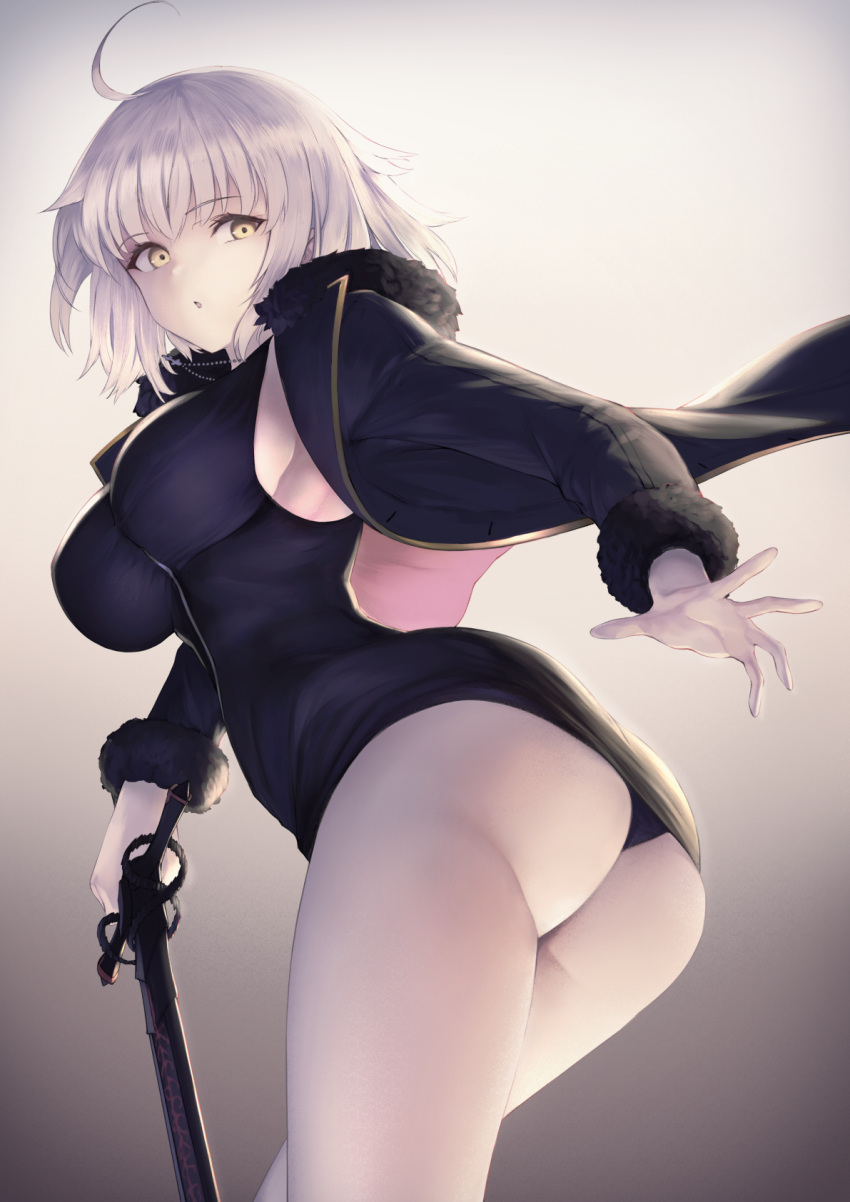 1girl ahoge ass bangs black_dress black_panties blue_coat breasts coat dress fate/grand_order fate_(series) female_ass from_below fur-trimmed_coat fur_trim gradient gradient_background highres itaco1987 jeanne_d'arc_(alter)_(fate) jeanne_d'arc_(fate)_(all) large_breasts looking_at_viewer open_mouth pale_skin panties short_dress short_hair silver_hair solo sword thighs underwear weapon wicked_dragon_witch_ver._shinjuku_1999 yellow_eyes