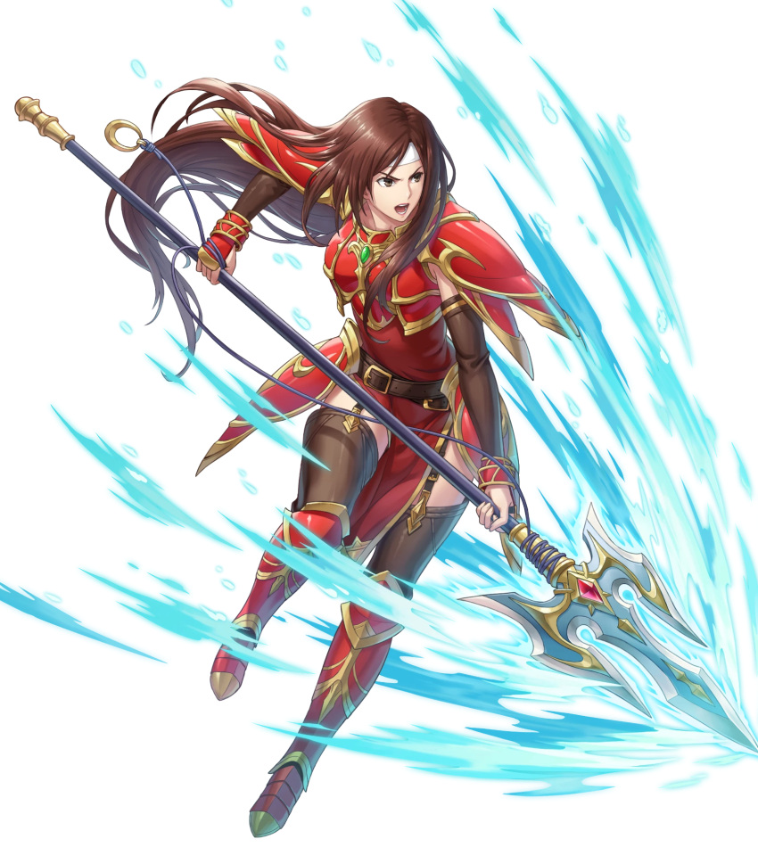1girl altena_(fire_emblem) armor armored_boots bangs boots breastplate brown_eyes brown_hair dress elbow_gloves fire_emblem fire_emblem:_thracia_776 fire_emblem_heroes full_body gloves headband highres lips lipstick long_hair makeup official_art pelvic_curtain red_armor red_dress short_dress shoulder_armor solo thigh-highs thigh_strap