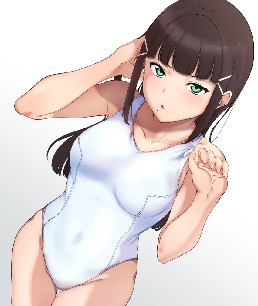 1girl alp bangs black_hair blunt_bangs breasts collarbone cowboy_shot gradient gradient_background green_eyes highres kurosawa_dia long_hair looking_at_viewer love_live! love_live!_school_idol_project love_live!_sunshine!! medium_breasts mole mole_under_mouth new_school_swimsuit parted_lips school_swimsuit solo swimsuit white_background white_school_swimsuit white_swimsuit