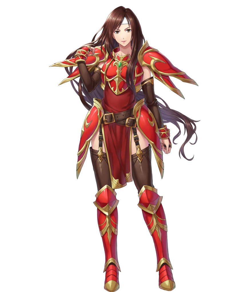 1girl altena_(fire_emblem) armor armored_boots bangs boots breastplate brown_eyes brown_hair dress elbow_gloves fire_emblem fire_emblem:_thracia_776 fire_emblem_heroes full_body gloves headband highres lips lipstick long_hair makeup official_art pelvic_curtain red_armor red_dress short_dress shoulder_armor solo thigh-highs thigh_strap