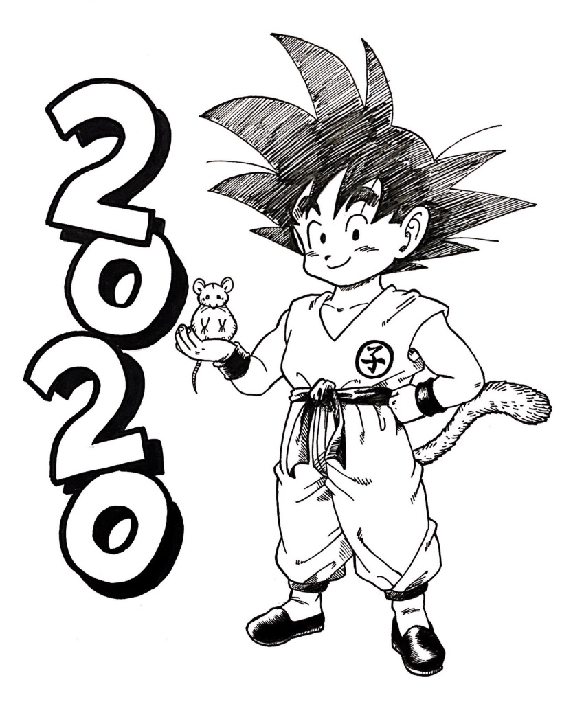 1boy 2020 animal animal_on_hand black_eyes black_footwear black_hair chinese_zodiac clenched_hand closed_mouth clothes_writing collarbone commentary_request dated dougi dragon_ball dragon_ball_(classic) fingernails full_body hand_on_hip happy highres holding holding_animal lee_(dragon_garou) looking_at_viewer male_focus monochrome mouse mouse_on_hand new_year outstretched_hand simple_background smile son_gokuu spiky_hair standing white_background wristband