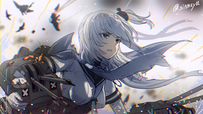 1girl abyssal_patrolling_attack_hawk blue_eyes bodysuit breasts cape chou-10cm-hou-chan_(suzutsuki's) clothes_writing eyebrows_visible_through_hair gloves grey_cape grey_neckwear hachimaki headband highres kantai_collection long_hair looking_up medium_breasts neckerchief one_side_up school_uniform serafuku shinmai_(kyata) silver_hair suzutsuki_(kantai_collection) twitter_username upper_body wavy_mouth white_bodysuit white_gloves white_headband x_x