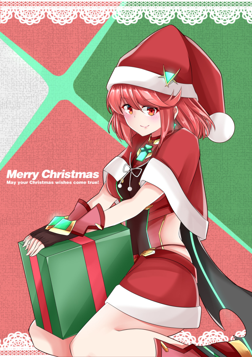 1girl alternate_costume breasts christmas cute gem gift highres jewelry large_breasts looking_at_viewer monolith_soft monster_games nintendo parted_lips pose pyra_(xenoblade) red_eyes redhead santa_costume sarasadou_dan skirt smile solo xenoblade_(series) xenoblade_2