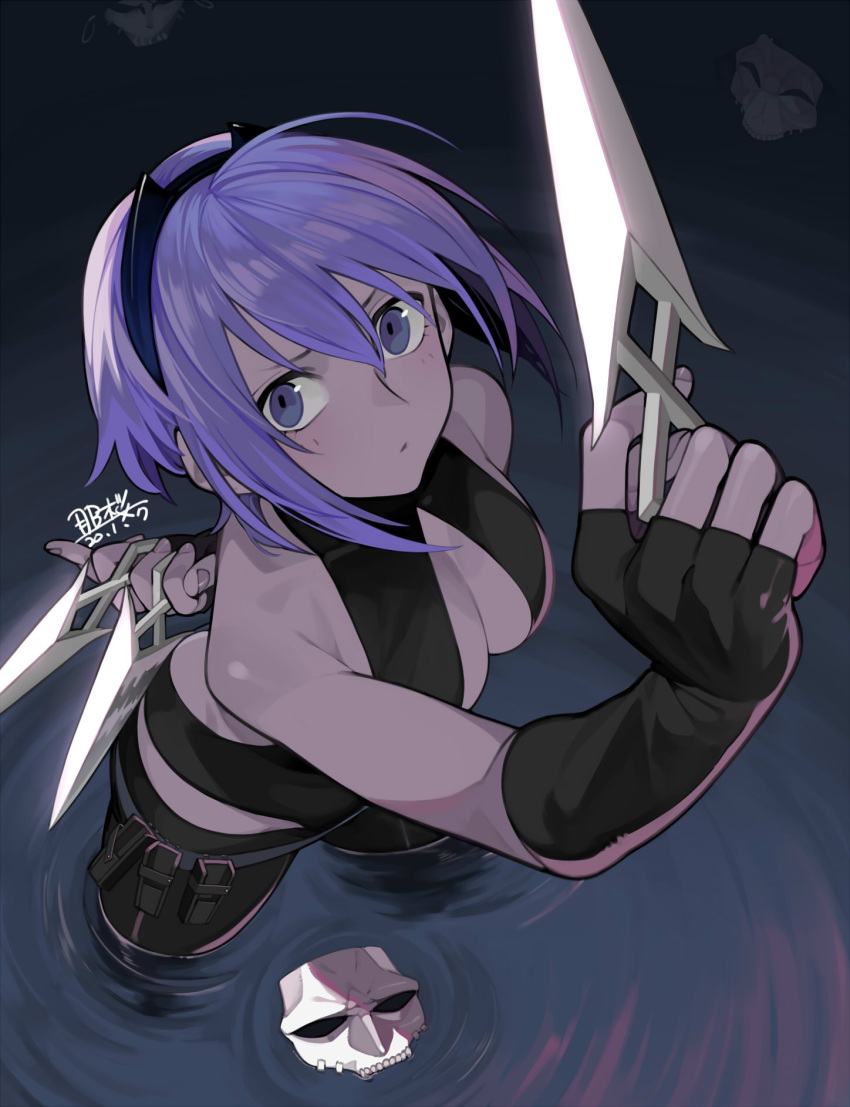 1girl ahoge arm_behind_back armpit_crease bare_shoulders black_gloves blush collarbone covered_collarbone dark_skin dated dual_wielding fate/grand_order fate_(series) fingerless_gloves gloves hair_between_eyes hassan_of_serenity_(fate) highres holding holding_knife holding_weapon knife mask mask_removed parted_lips partially_submerged purple_hair seyana signature solo standing throwing_knife violet_eyes water weapon