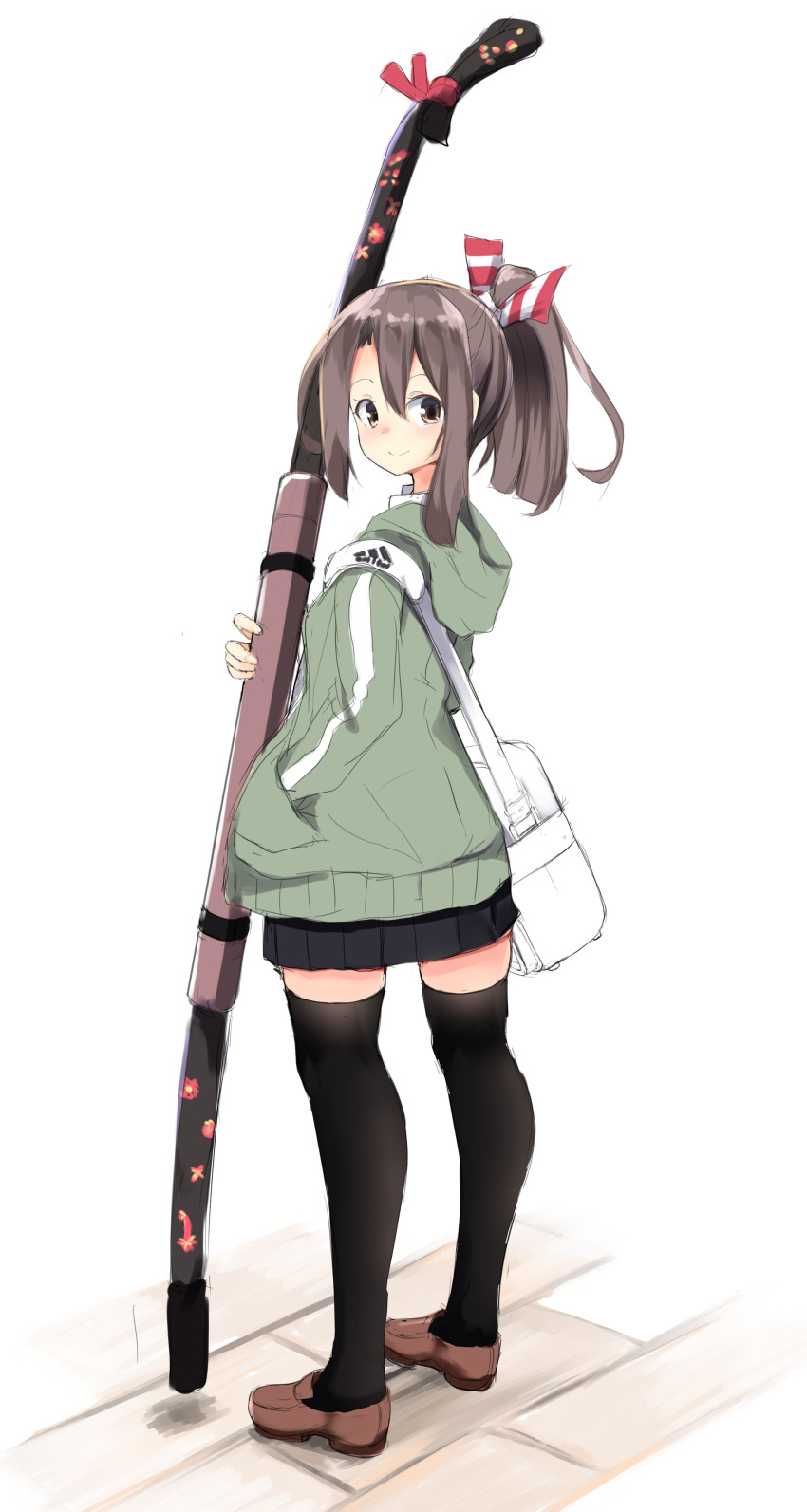 1girl absurdres alternate_costume black_legwear black_skirt bow_(weapon) brown_eyes brown_footwear brown_hair commentary_request from_behind full_body green_jacket hair_ribbon hand_in_pocket high_ponytail highres hood hooded_jacket hoodie jacket kantai_collection light_brown_hair loafers long_hair looking_at_viewer looking_back pleated_skirt ribbon shoes simple_background skirt solo standing thigh-highs weapon white_background yumi_(bow) zarashi zuihou_(kantai_collection)