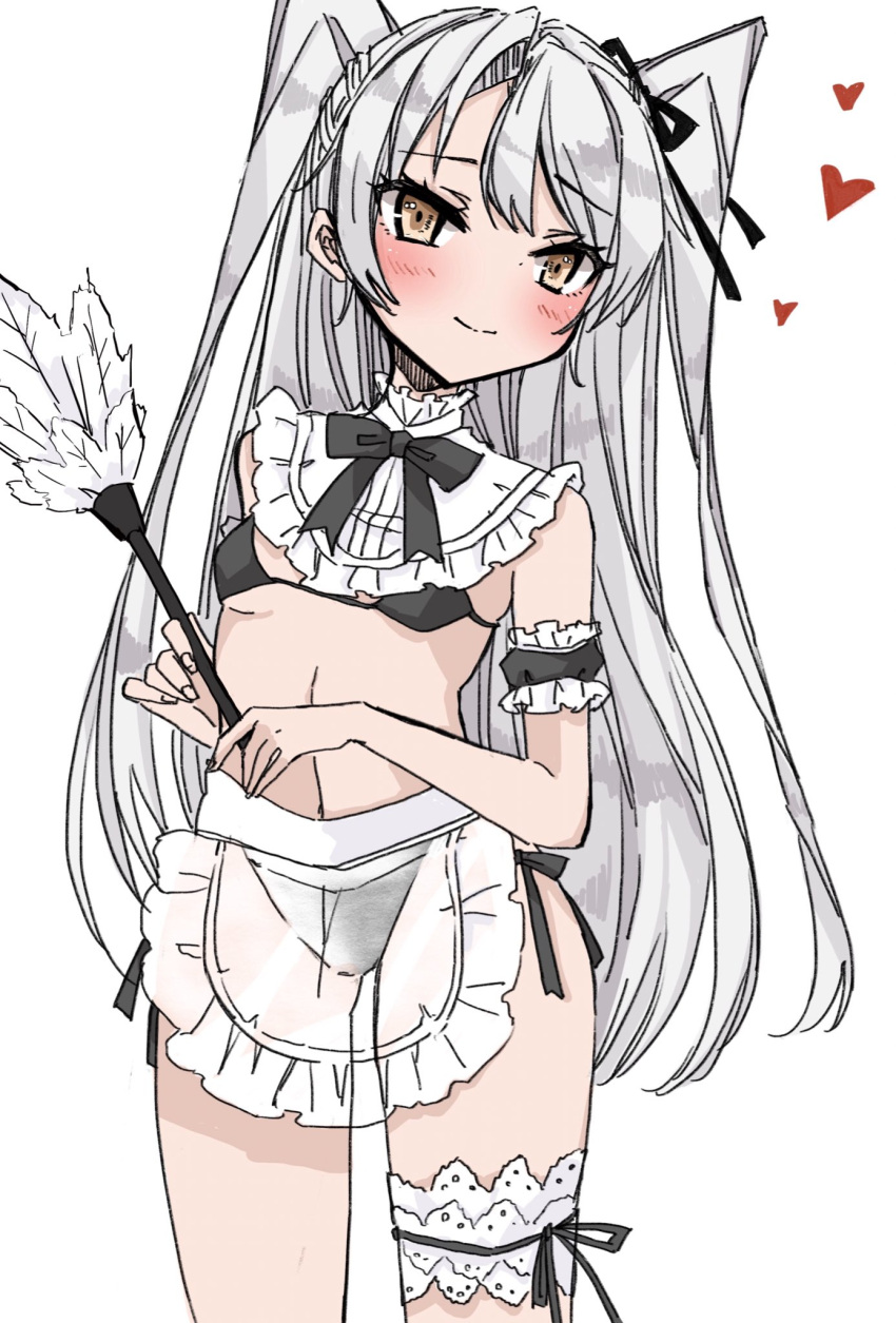 1girl alternate_costume amatsukaze_(kantai_collection) apron bangs black_bra black_panties blush bra breasts chigasaki_y duster enmaided feather_duster frills heart highres holding holding_duster kantai_collection long_hair maid orange_eyes panties see-through side-tie_panties silver_hair simple_background small_breasts smile solo thigh_strap underwear waist_apron white_apron white_background