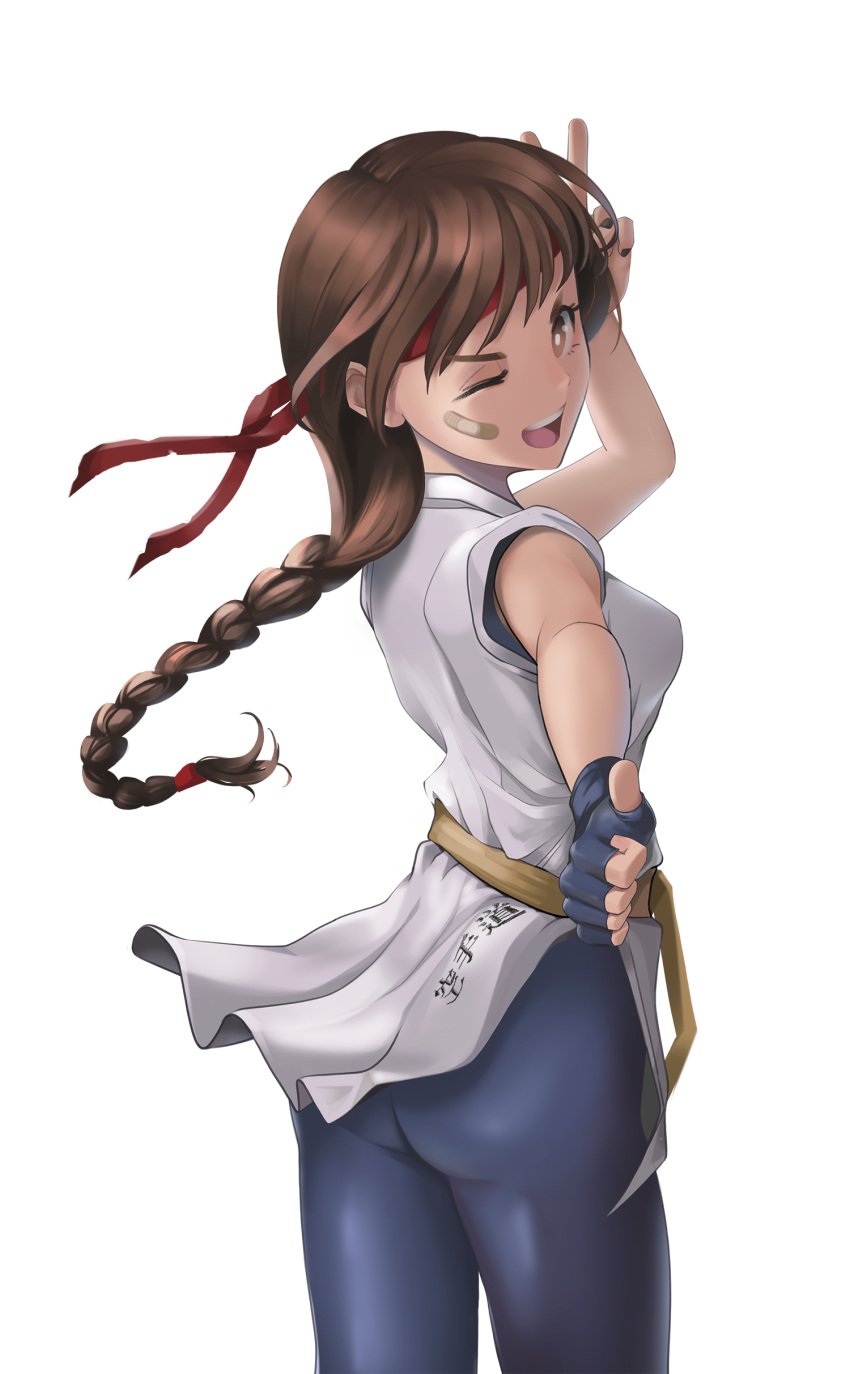 1girl absurdres ass backgom braid breasts brown_eyes brown_hair commentary dougi fingerless_gloves gloves headband highres long_hair looking_at_viewer ryuuko_no_ken simple_background single_braid smile snk solo spandex the_king_of_fighters very_long_hair white_background yuri_sakazaki