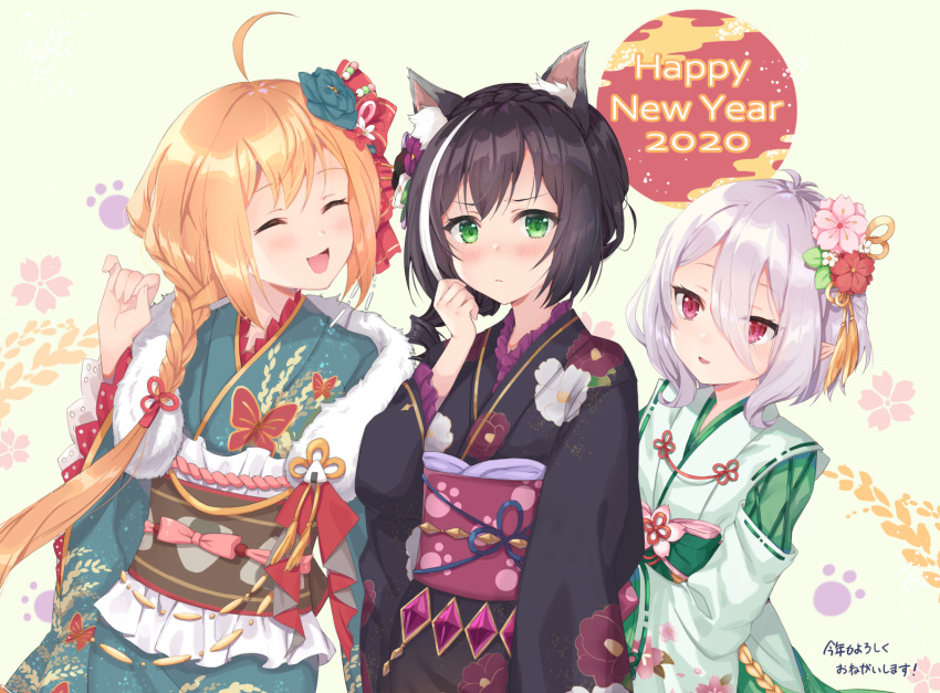 2020 3girls :d ^_^ ahoge animal_ear_fluff animal_ears antenna_hair bangs black_hair black_kimono blue_flower blue_kimono blush brown_hair cat_ears closed_eyes commentary_request eyebrows_visible_through_hair floral_print flower green_background green_eyes green_kimono hair_between_eyes hair_flower hair_ornament hands_up happy_new_year japanese_clothes kimono kokkoro_(princess_connect!) kon_(k0n16) kyaru_(princess_connect) long_hair long_sleeves multicolored_hair multiple_girls new_year obi open_mouth parted_lips pecorine pink_flower pointy_ears princess_connect! princess_connect!_re:dive print_kimono purple_flower red_eyes red_flower sash silver_hair smile streaked_hair very_long_hair white_flower white_hair wide_sleeves