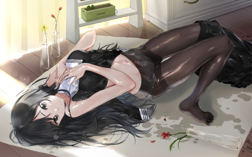 1girl bare_arms black_eyes black_hair black_shirt black_skirt breasts brown_legwear commentary_request flower hands_on_own_chest highres indoors long_hair looking_at_viewer lying macciatto_(aciel02) medium_breasts miniskirt navel no_shoes on_back on_floor original panties panties_under_pantyhose pantyhose shirt skirt skirt_around_one_leg smile solo stomach thighband_pantyhose underwear vase very_long_hair wet wet_clothes