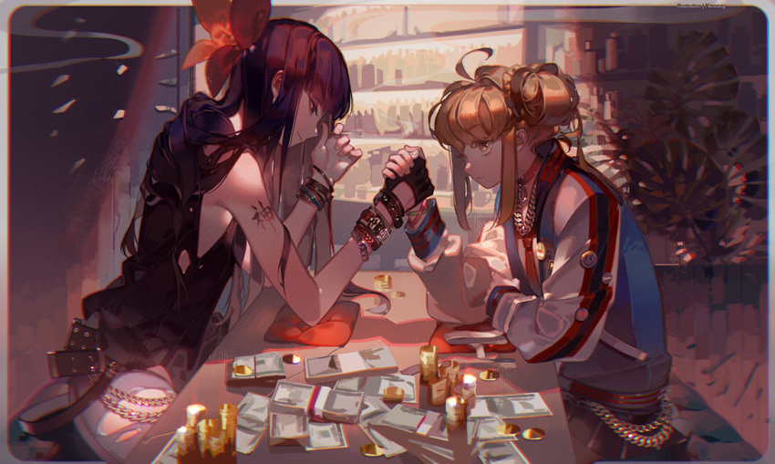2girls ahoge arm_tattoo arm_wrestling badge bangs bare_shoulders belt between_fingers black_gloves black_hair black_skirt blonde_hair blunt_bangs border bottle bracelet bracer butterfly_hair_ornament button_badge chain chain_necklace choker cigarette closed_mouth coin commentary_request cushion cutout_gloves elbows_on_table eyelashes flat_chest from_side gloves gold hair_flowing_over hair_ornament hair_scrunchie holding holding_cigarette holding_hands indoors jacket jewelry kawacy long_hair long_sleeves looking_at_another miniskirt money multiple_girls nail_polish necklace necktie o-ring outside_border palm_leaf pants pink_nails pipimi plant pleated_skirt poptepipic popuko potted_plant profile purple_hair red_neckwear rounded_corners scrunchie side_bun sidelocks sitting skirt sleeveless smile smiley_face smoke table tattoo track_jacket white_pants yellow_eyes yellow_scrunchie