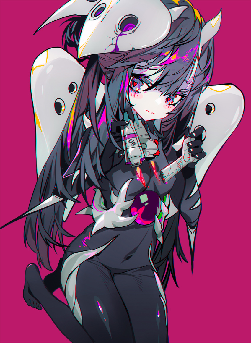 1girl angel_(evangelion) black_hair blush blush_stickers bodysuit breasts core covered_navel covered_nipples grandialee heart heart-shaped_pupils highres holding horns humanization long_hair mask mask_on_head neon_genesis_evangelion red_background sachiel shoulder_armor sidelocks simple_background small_breasts solo spikes symbol-shaped_pupils toes twintails very_long_hair violet_eyes
