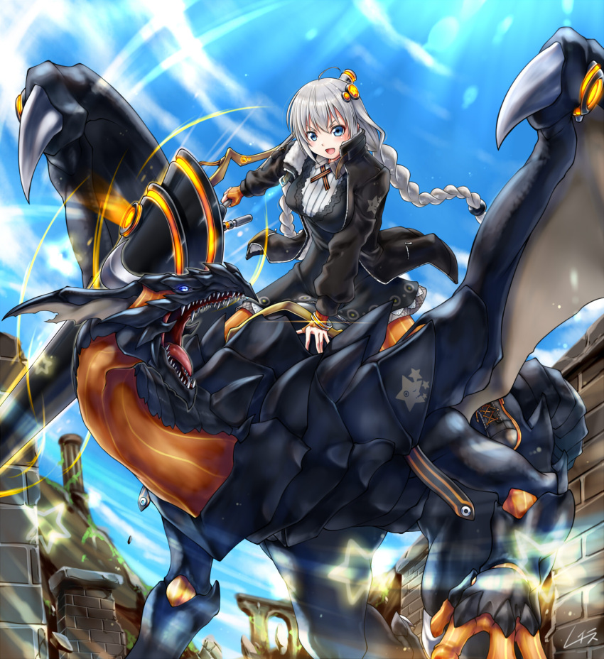 1girl arch black_dress black_jacket blue_eyes blue_sky braid commentary day dragon dress fingerless_gloves full_body gloves hair_ornament highres holding holding_weapon huge_weapon jacket kizuna_akari light_blush long_hair looking_at_viewer neon_lights not_makigai open_mouth orange_gloves outdoors pillar riding ruins sharp_teeth silver_hair sky smile sparkle sword teeth twin_braids v-shaped_eyebrows vocaloid voiceroid weapon wings wristband