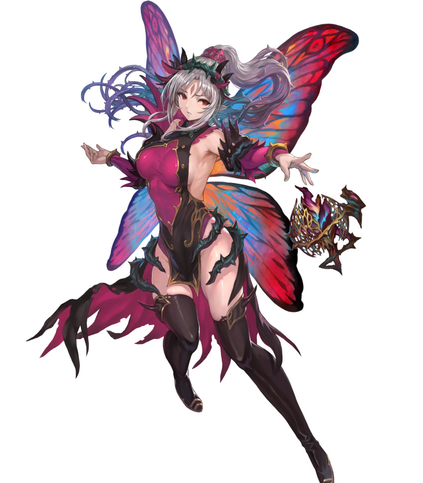 1girl bangs bare_shoulders boots breasts dress fairy_wings fire_emblem fire_emblem_heroes grey_hair hair_ornament highres large_breasts long_hair official_art pelvic_curtain plumeria_(fire_emblem) pointy_ears red_eyes shiny shiny_clothes shiny_hair shiny_skin sleeveless solo thigh-highs thigh_boots thorns tied_hair transparent_background wings