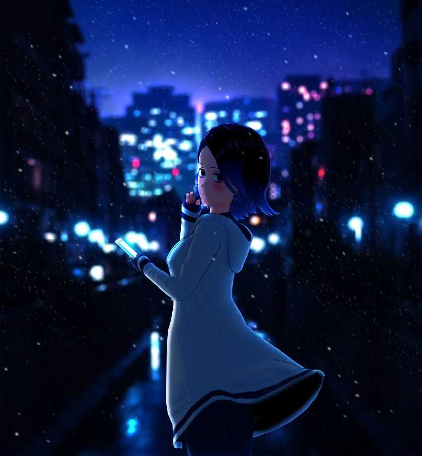 1girl 3d absurdres black_hair blurry bokeh building closed_mouth cowboy_shot depth_of_field feet_out_of_frame fingerless_gloves gloves highres holding holding_phone hood hoodie koikatu looking_at_viewer midori_mint night night_sky original outdoors pants phone short_hair sky snow snowing solo standing winter
