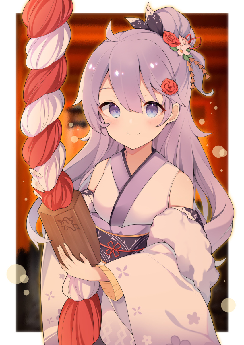 1girl absurdres ahoge azur_lane bangs closed_mouth commentary_request detached_sleeves eyebrows_visible_through_hair flower hair_between_eyes hair_flower hair_ornament hair_ribbon highres japanese_clothes kanzashi kimono new_year obi one_side_up paaru purple_hair ribbon sash shrine shrine_bell sidelocks smile solo tsumami_kanzashi unicorn_(azur_lane) unicorn_(prayer_of_plum_and_snow)_(azur_lane) violet_eyes white_kimono wide_sleeves