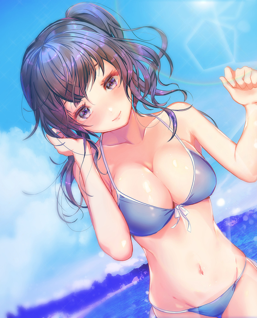 1girl absurdres bangs bare_arms bare_shoulders bikini blue_bikini blue_hair blue_sky blush breasts clouds collarbone commentary_request cowboy_shot day dutch_angle front-tie_bikini front-tie_top groin hand_in_hair hands_up head_tilt highres kometaki large_breasts lens_flare long_hair looking_at_viewer navel original outdoors side_ponytail sky smile solo stomach swimsuit violet_eyes