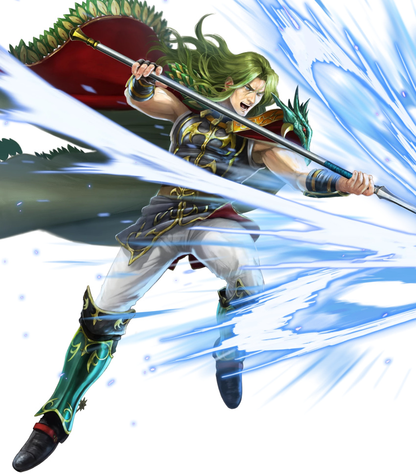 1boy belt boots brown_eyes cape fingerless_gloves fire_emblem fire_emblem:_genealogy_of_the_holy_war fire_emblem_heroes full_body gloves green_hair highres ippei_soeda long_hair official_art open_mouth polearm solo sparkle spear teeth transparent_background travant_(fire_emblem) weapon