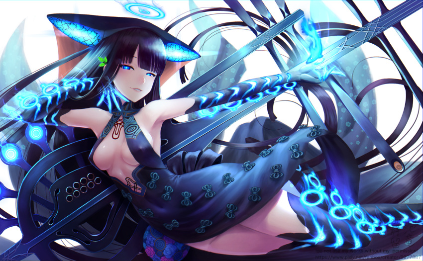 1girl bangs bare_shoulders blue_dress blue_eyes blue_fire blue_gloves blue_headwear blue_legwear blunt_bangs breasts center_opening covered_navel dress elbow_gloves fate/grand_order fate_(series) fire fish floral_print gloves glowing glowing_eyes hair_ornament halo highres ikeron large_breasts leaf_hair_ornament long_hair looking_at_viewer parted_lips pipa_(instrument) purple_hair sash simple_background smile solo thigh-highs thighs very_long_hair white_background yang_guifei_(fate/grand_order)