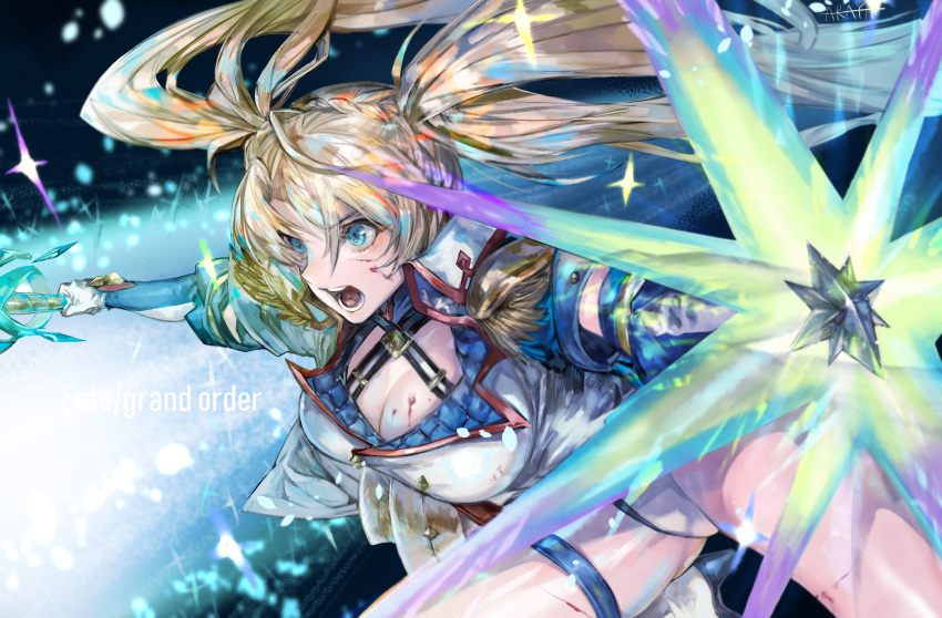 1girl attack blonde_hair blood blood_on_breasts blood_splatter blue_eyes bradamante_(fate/grand_order) braid breasts commentary_request copyright_name crown_braid cuts elbow_gloves fate/grand_order fate_(series) french_braid from_side frown gloves hair_between_eyes highres holding holding_lance holding_shield holding_weapon injury irorigumi lance large_breasts long_hair open_mouth polearm shield signature solo thigh_strap twintails very_long_hair weapon