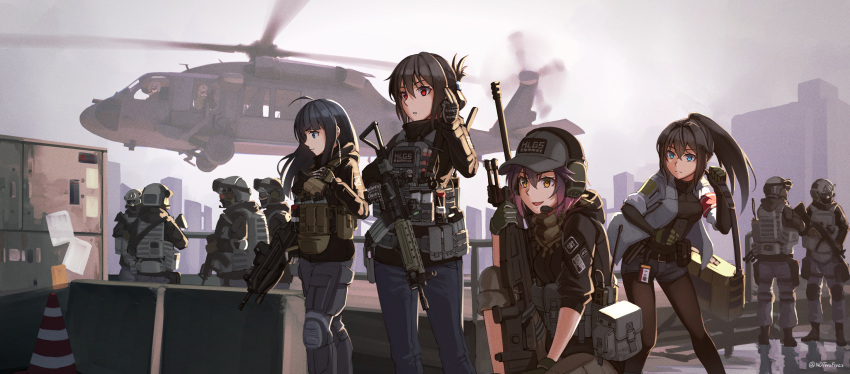 4girls 6+boys :d absurdres ahoge aircraft assault_rifle bangs black_gloves black_hair black_jacket black_legwear black_shirt black_shorts blue_eyes blue_pants breasts brown_hair brown_pants bullpup closed_mouth commentary_request day ear_protection elbow_gloves eyebrows_visible_through_hair fn_f2000 folded_ponytail gloves grey_pants gun hair_between_eyes hand_up headset helicopter helmet high_ponytail highres holding holding_gun holding_weapon jacket legwear_under_shorts long_hair looking_away multiple_boys multiple_girls ndtwofives one_knee open_clothes open_jacket open_mouth original outdoors pants pantyhose parted_lips ponytail railing red_eyes reflection rifle shirt short_shorts short_sleeves shorts small_breasts smile standing traffic_cone twitter_username violet_eyes weapon weapon_request
