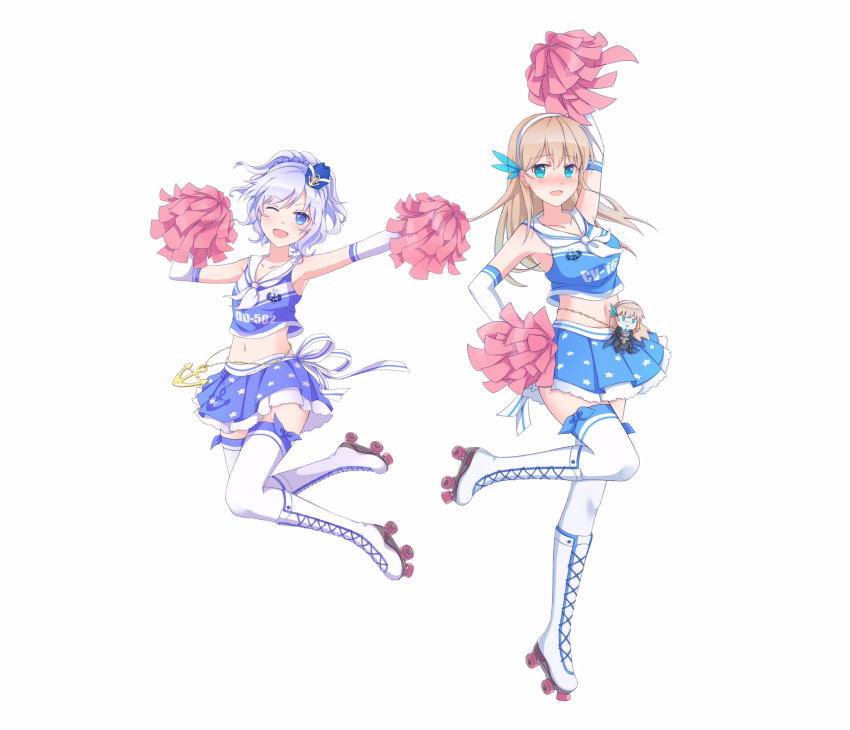 2girls alternate_costume anchor blue_eyes blue_skirt boots breasts cheerleader crop_top cross-laced_footwear elbow_gloves frilled_skirt frills full_body gloves hat highres jumping lexington_(cv-16)_(warship_girls_r) midriff mini_hat miniskirt multiple_girls navel pleated_skirt pom_poms purple_hair roller_skates sigsbee_(warship_girls_r) simple_background skates skirt small_breasts standing standing_on_one_leg suanjianyanchendianyushui thigh-highs warship_girls_r white_background white_footwear white_gloves white_legwear