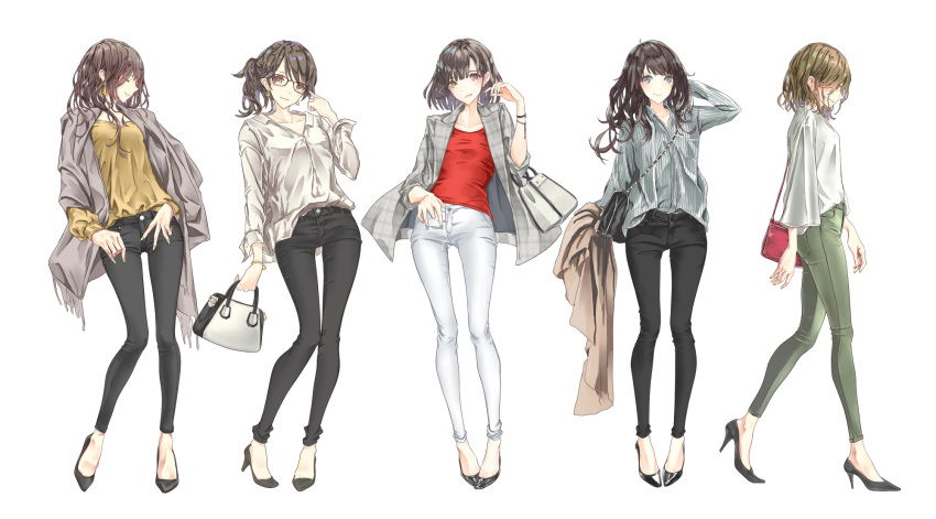 5girls bag brown_hair glasses highres jacket long_hair multiple_girls no_socks original shirt shoes sun_(sunsun28) t-shirt