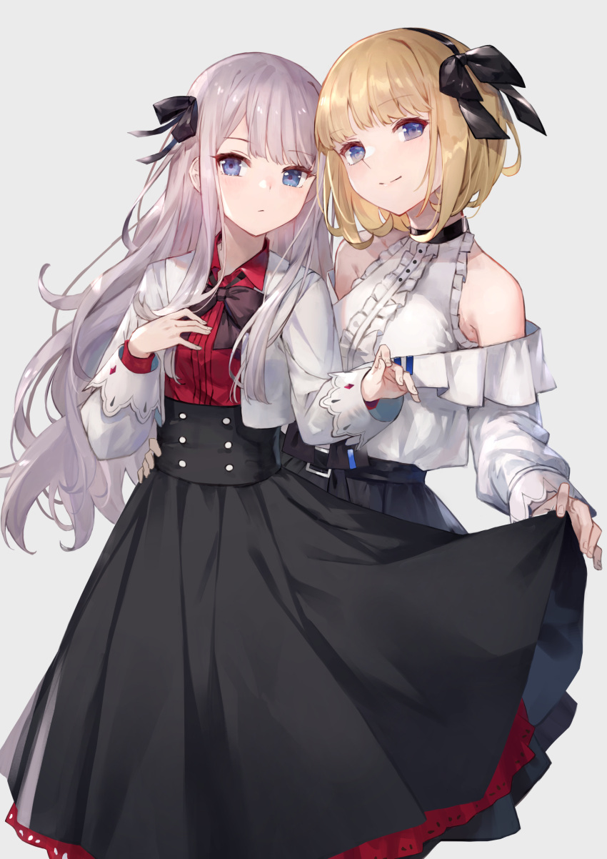 2girls absurdres bangs bare_shoulders black_bow black_hairband black_neckwear black_skirt blonde_hair blue_eyes blush bow bowtie breasts center_frills closed_mouth collared_shirt commentary_request eyebrows_visible_through_hair frills grey_background grey_hair hair_bow hairband high-waist_skirt highres jacket kobuta long_hair long_sleeves medium_breasts multiple_girls open_clothes open_jacket original red_shirt shirt simple_background skirt skirt_hold sleeveless sleeveless_shirt small_breasts smile very_long_hair white_jacket