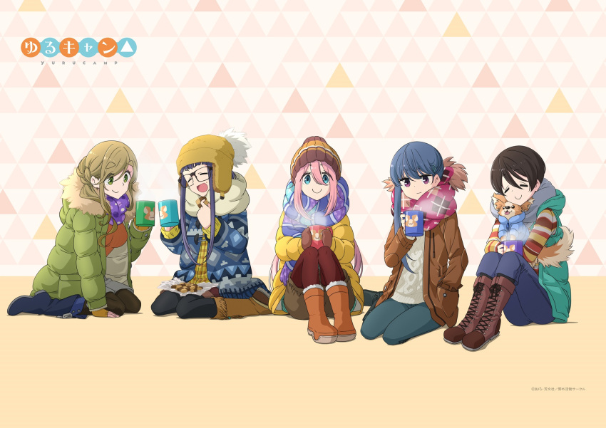 5girls :d blonde_hair blue_eyes blue_hair blue_jacket boots braid brown_hair brown_jacket buttons closed_eyes coat cookie cup denim dog eyebrows_visible_through_hair fang food glasses green_eyes green_jacket hat highres holding holding_cookie holding_cup inuyama_aoi jacket jeans kagamihara_nadeshiko knees_together knees_up long_bangs long_hair mug multiple_girls official_art oogaki_chiaki open_mouth pants pantyhose pink_hair saitou_ena scarf shima_rin short_hair simple_background sitting smile steam sweater violet_eyes wariza winter_clothes winter_coat yellow_jacket yurucamp zipper