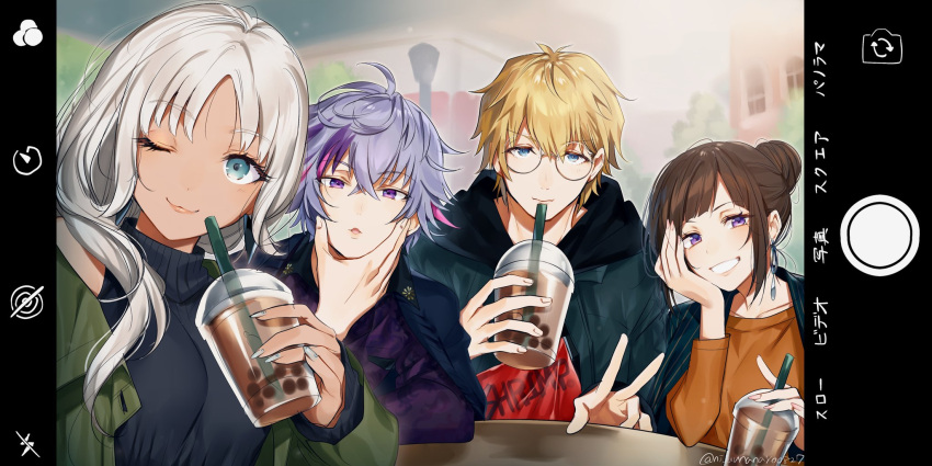 2boys 2girls ;3 ahoge bangs black_sweater blonde_hair blue_eyes blue_hoodie blush brown_hair bubble_tea cellphone chin_rest collarbone cup dark_skin disposable_cup drinking_straw earrings english_text ex_albio eyebrows_visible_through_hair fuwa_minato glasses green_jacket grey_nails grin hair_bun hayase_sou highres hood hood_down hoodie jacket jacket_on_shoulders jewelry long_hair long_sleeves looking_at_viewer miyukiyo multicolored_hair multiple_boys multiple_girls nail_polish nijisanji off_shoulder one_eye_closed open_mouth orange_shirt phone pink_nails purple_hair purple_shirt redhead round_eyewear shirt sleeveless sleeveless_shirt smartphone smile streaked_hair sweater table todoroki_kyouko twitter_username upper_body v viewfinder violet_eyes virtual_youtuber white_hair