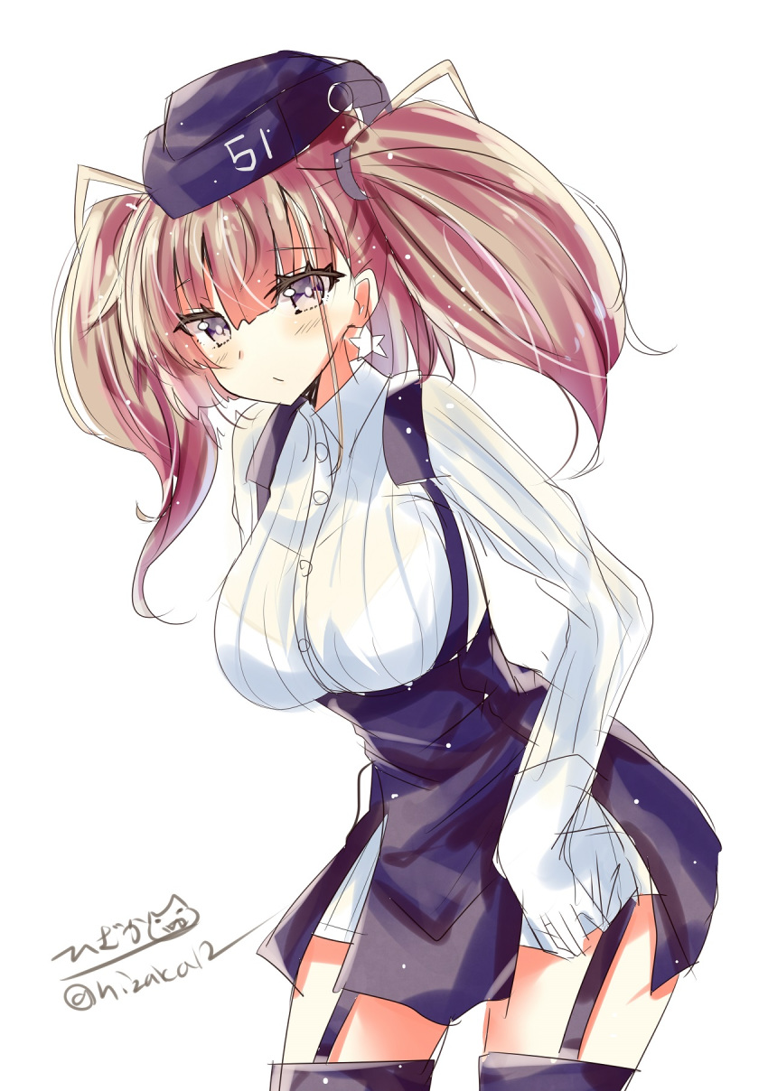 1girl atlanta_(kantai_collection) black_skirt breasts brown_hair earrings eyebrows_visible_through_hair garrison_cap gloves grey_eyes hat high-waist_skirt highres hizaka jewelry kantai_collection large_breasts long_hair long_sleeves looking_at_viewer shirt simple_background skirt solo star star_earrings suspender_skirt suspenders two_side_up white_background white_shirt