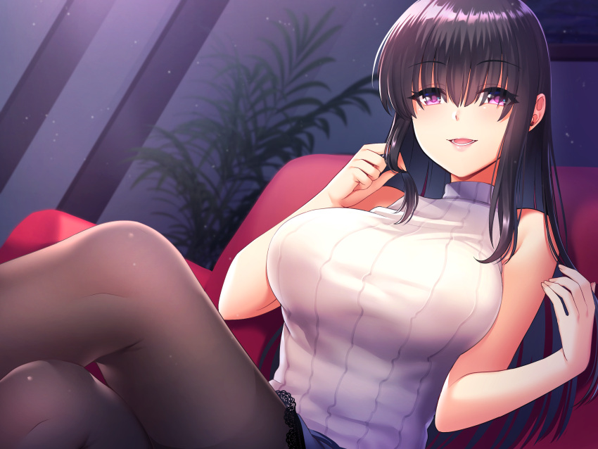 1girl bangs black_hair black_legwear breasts couch evil_smile eyebrows_visible_through_hair eyes_visible_through_hair hair_between_eyes hair_over_eyes highres hoshina_meito indoors large_breasts lipstick long_hair looking_at_viewer looking_down makeup original pantyhose playing_with_own_hair ribbed_sweater sidelocks sitting sleeveless sleeveless_turtleneck smile solo sweater turtleneck turtleneck_sweater violet_eyes