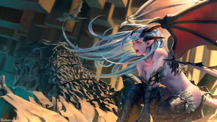 1girl aqua_hair artist_name collarbone dragon dragon_tail dragon_wings fangs feathers floating floating_hair flying highres horns kneeling long_hair looking_to_the_side midair navel nude open_mouth pointy_ears red_wings solo tail teeth whoareuu wings yellow_eyes