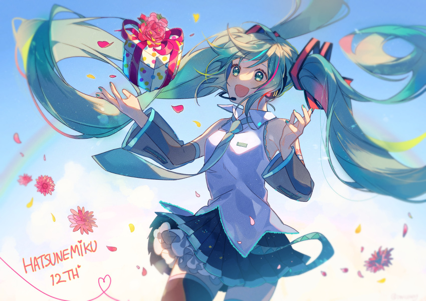 1girl absurdres aqua_eyes aqua_hair aqua_nails aqua_neckwear bare_shoulders black_legwear black_skirt black_sleeves blue_sky box character_name clouds commentary cowboy_shot detached_sleeves floating_hair flower gift gift_box grey_shirt hair_ornament hatsune_miku headphones headset highres long_hair nail_polish necktie omutatsu open_mouth outstretched_arms outstretched_hand petals rainbow shirt shoulder_tattoo skirt sky sleeveless sleeveless_shirt smile solo tattoo thigh-highs twintails very_long_hair vocaloid zettai_ryouiki