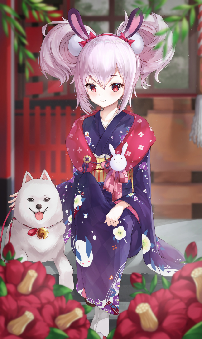 1girl absurdres animal animal_ears azur_lane bangs bell blurry blurry_background blurry_foreground blush bow closed_mouth commentary_request depth_of_field dog eyebrows_visible_through_hair floral_print flower greyscale hair_between_eyes hair_ornament hairband highres japanese_clothes jingle_bell kimono knee_up laffey_(azur_lane) laffey_(snow_rabbit_and_candied_apple)_(azur_lane) long_sleeves looking_at_viewer monochrome obi print_kimono purple_kimono rabbit_ears red_bow red_eyes red_flower red_hairband sash sidelocks sitting smile socks solo stairs stone_stairs wakum white_legwear