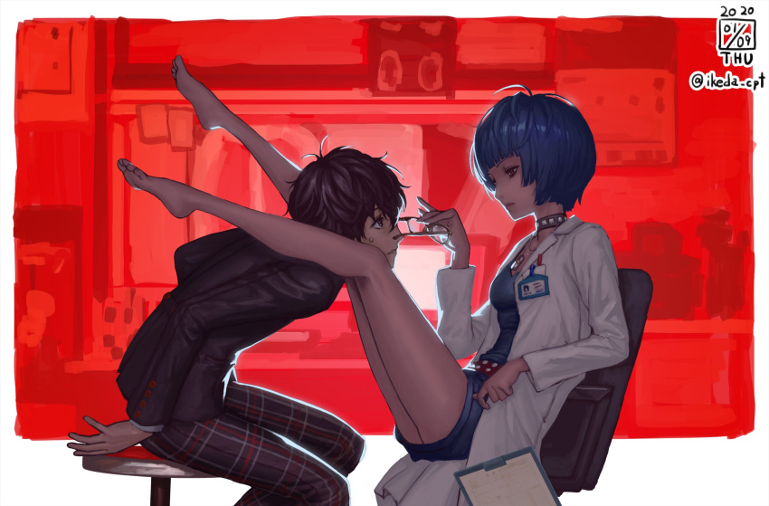 1boy 1girl amamiya_ren bare_legs barefoot belt black_hair blue_hair chair computer eye_contact eyewear_removed feet glasses highres id_card ikeda_(cpt) jewelry labcoat legs_up looking_at_another name_tag necklace persona persona_5 red_background school_uniform short_hair shuujin_academy_uniform sitting studded_belt studded_choker sweatdrop takemi_tae