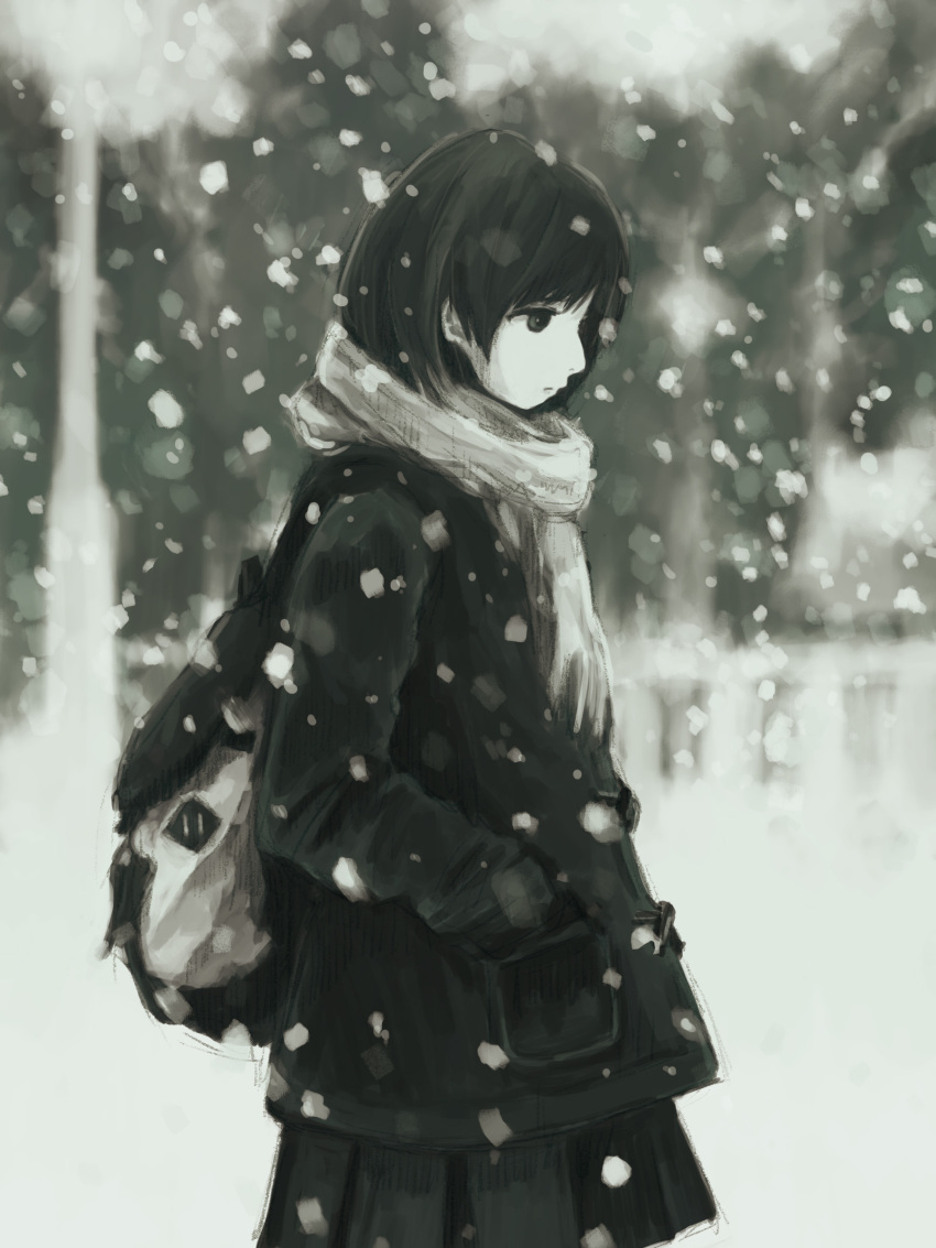 1girl absurdres backpack bag coat duffel_coat hands_in_pockets highres kensight328 looking_down monochrome original outdoors overcoat scarf short_hair skirt snow solo white_scarf winter