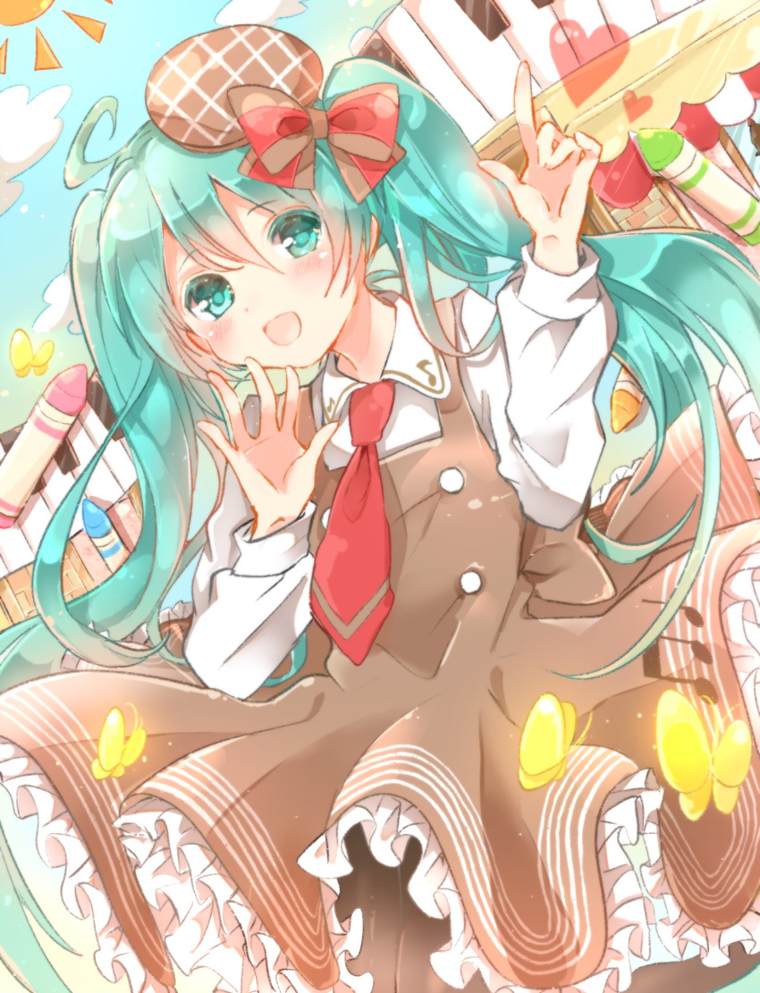 1girl ahoge aqua_eyes aqua_hair black_legwear blue_sky blush bow brown_bow brown_dress bug butterfly clouds commentary cowboy_shot crayon dress dutch_angle eighth_note english_commentary frilled_dress frills hair_bow hands_up hat hatsune_miku heart highres index_finger_raised insect long_hair long_sleeves musical_note musical_note_print open_mouth pantyhose piano_keys shirt sky smile solo sun symbol_commentary twintails very_long_hair vocaloid white_shirt yomigi