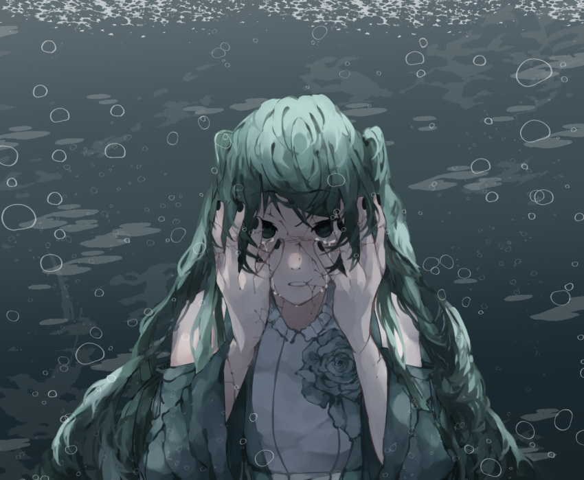 aqua_dress aqua_eyes aqua_hair bare_shoulders blesseria bubble collar cracked_skin crying crying_with_eyes_open dress empty_eyes evillious_nendaiki frilled_collar frills hands_on_own_face hatsune_miku margarita_blankenheim messy_hair muted_color nemurase_hime_kara_no_okurimono_(vocaloid) pale_skin shoulder_cutout solo streaming_tears tears twintails underwater vocaloid wide_sleeves