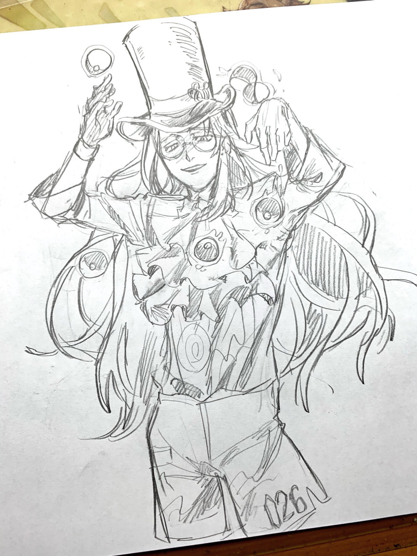 1boy cravat glasses gloves graphite_(medium) hat highres himawari_kappa male_focus open_mouth photo poke_ball pokemon pokemon_(game) pokemon_swsh round_eyewear savory_(pokemon) shorts single_glove solo top_hat traditional_media