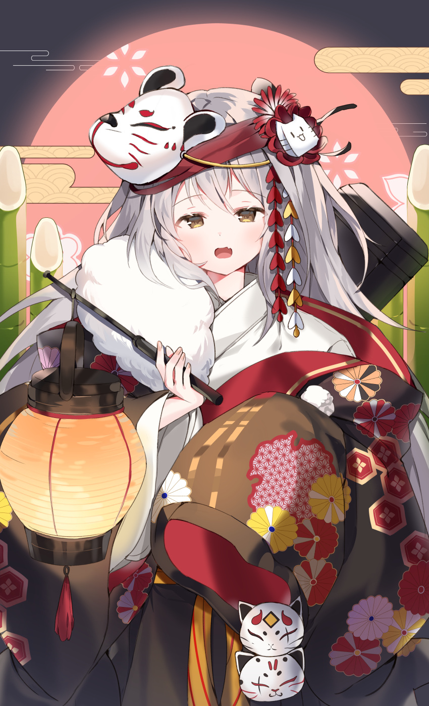1girl absurdres bamboo bangs black_kimono blush cho_yeon26 eyebrows_visible_through_hair fang floral_print flower fox_mask fur_collar g11_(girls_frontline) girls_frontline grey_hair hair_ornament highres holding holding_lantern huge_filesize japanese_clothes kimono lantern long_hair long_sleeves mask messy_hair new_year open_mouth sleeves_past_fingers sleeves_past_wrists solo wide_sleeves yellow_eyes