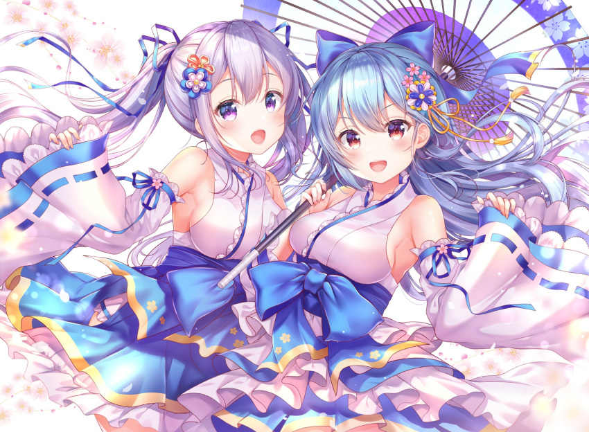 2girls :d alternate_color aoba_chise aoba_project aoba_rena armpits bare_shoulders blue_hair bow breasts cowboy_shot detached_sleeves dress floating_hair flower hair_bow hair_ornament hair_ribbon highres holding holding_umbrella large_breasts layered_dress long_hair long_sleeves looking_at_viewer multiple_girls nontraditional_miko obi open_mouth oriental_umbrella red_eyes ribbon sakura_moyon sash silver_hair smile tassel twintails umbrella violet_eyes white_flower wide_sleeves