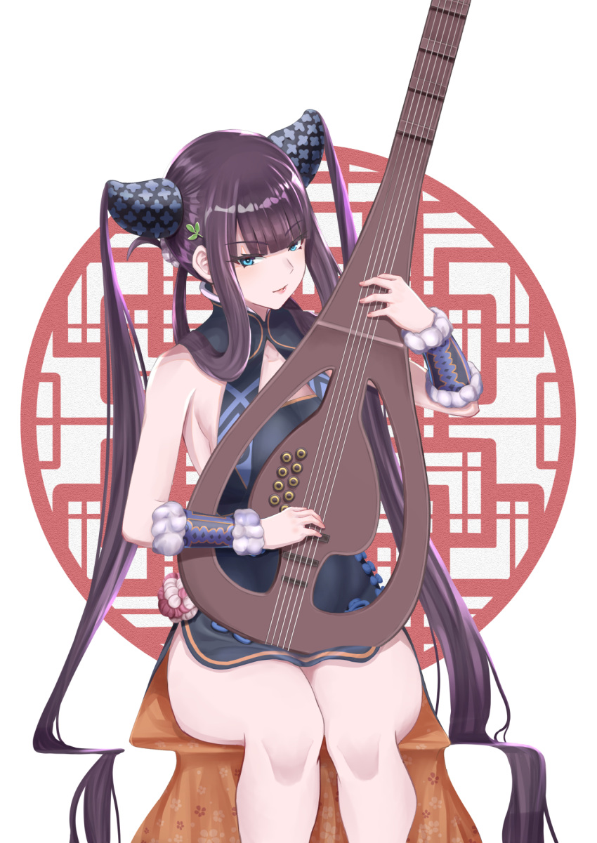 1girl bangs bare_shoulders black_dress blue_eyes blunt_bangs blush breasts china_dress chinese_clothes detached_sleeves dress fate/grand_order fate_(series) floral_print hair_ornament highres instrument leaf_hair_ornament long_hair looking_at_viewer medium_breasts motsushi music parted_lips pipa_(instrument) playing_instrument sitting solo thighs twintails very_long_hair white_background yang_guifei_(fate/grand_order)